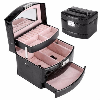 3-layer leather jewelry box with mirror for makeup and accessory organization
