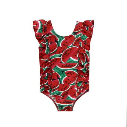 Printed sleeve one-piece girls swimsuit in Red or Yellow, Polyester, sizes 80-120cm