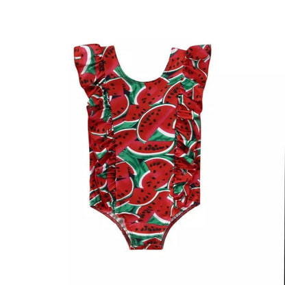 Kids' printed sleeve one-piece swimsuit in red and yellow, sizes 80cm to 120cm