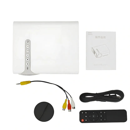 White portable home projector displaying 138-inch image with remote control and connectivity cables