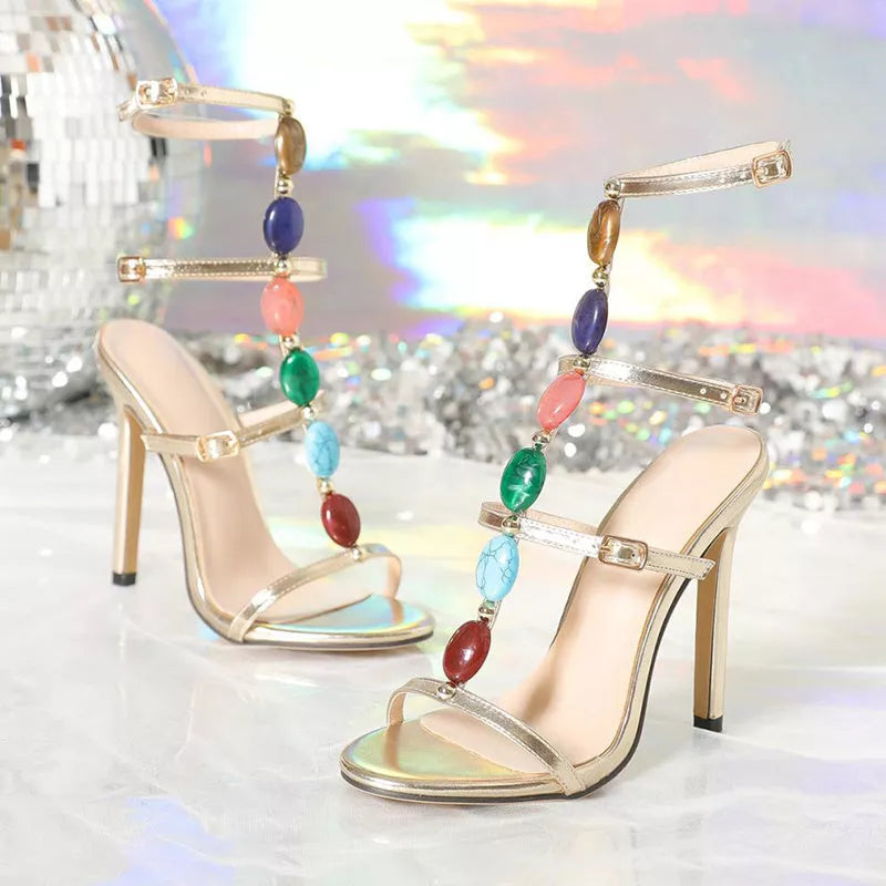 Women's colorful beads buckle stiletto sandals for summer parties