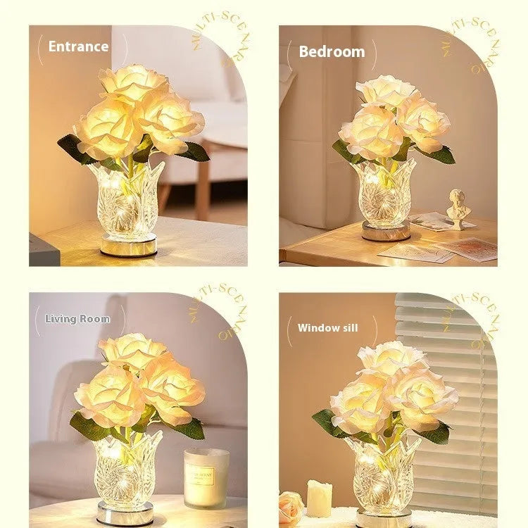 Modern crystal flowers design rechargeable touch table lamp with dimming control on a bedside table.