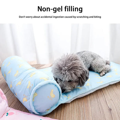 Pink blue green dog cooling mat on floor with pet, showing medium and large size options