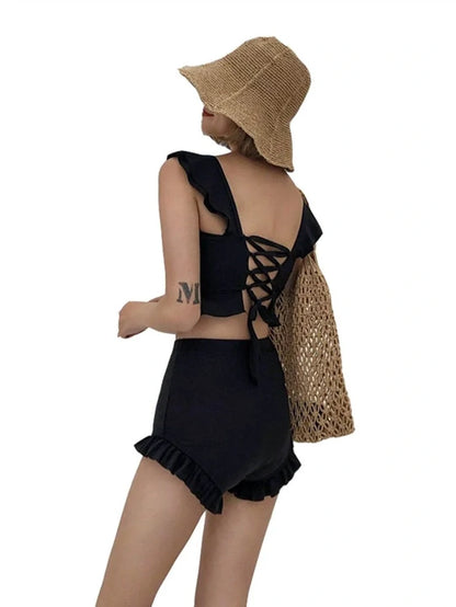 Black split bikini with steel tray support and no underwire, showing front and back views