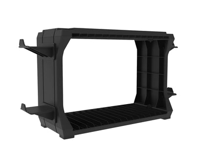 Black PS5 and Xbox Series X disc holder with game cartridge slots and four controller handle storage