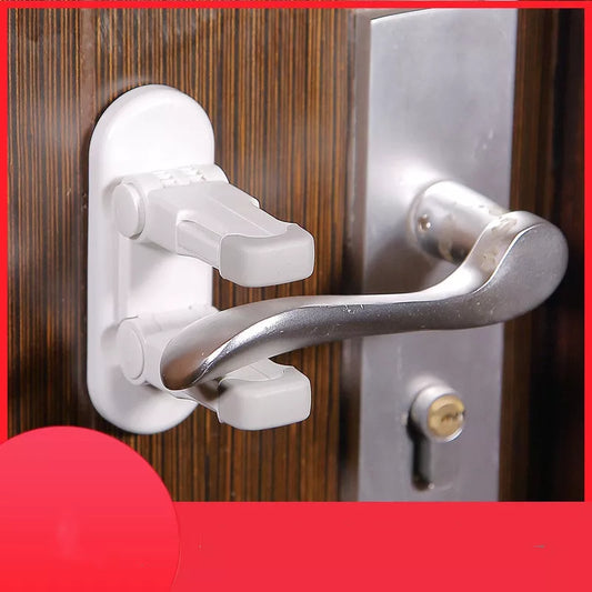 Multi-function door handle lock in white and grey, safe for babies and pets