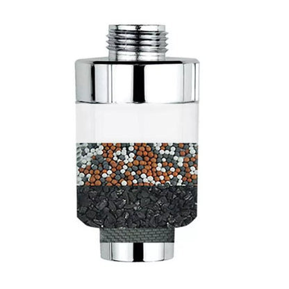 Multi-function shower water purifier with stainless steel finish and 4-layer filtration