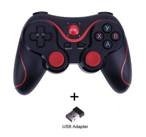 Upgraded X3 Bluetooth wireless game controller with mobile phone clip attached, showing textured grips and button layout