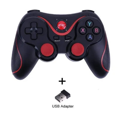 Upgraded X3 Bluetooth wireless game controller with mobile phone clip attached, showing textured grips and button layout