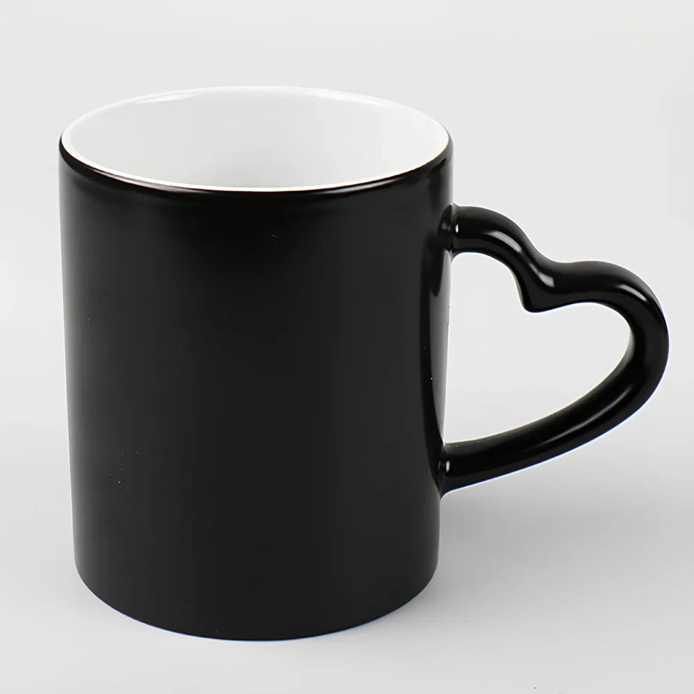 Ceramic colour change mug showing before and after transformation with hot liquid