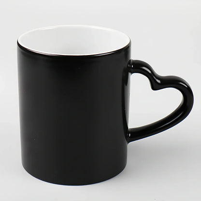 Ceramic colour change mug showing before and after transformation with hot liquid