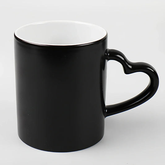 Ceramic colour change mug showing before and after transformation with hot liquid