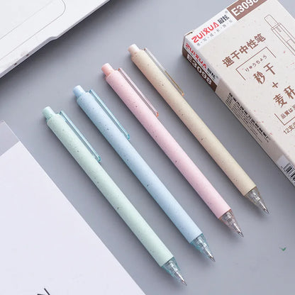 Set of 12 coloured 0.5mm gel pens with black ink and press-button tops on a white surface.