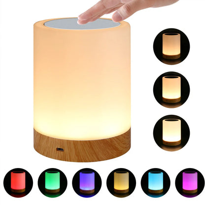 Wood grain finish LED night light showing touch control interface and compact 95mm by 120mm dimensions