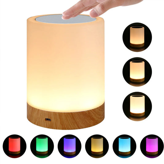 Wood grain finish LED night light showing touch control interface and compact 95mm by 120mm dimensions