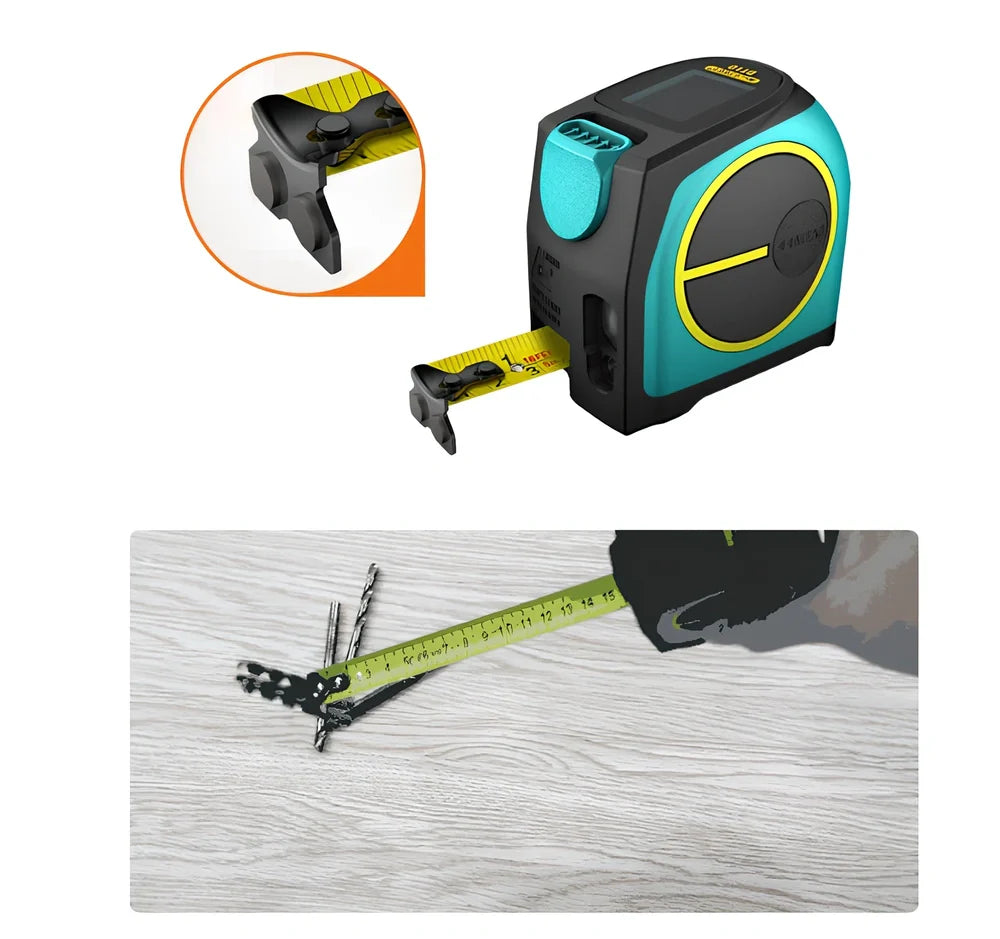 2-in-1 laser tape measure tool with extended tape and magnetic hook for metal surfaces