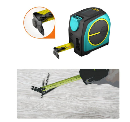 2-in-1 laser tape measure tool with extended tape and magnetic hook for metal surfaces