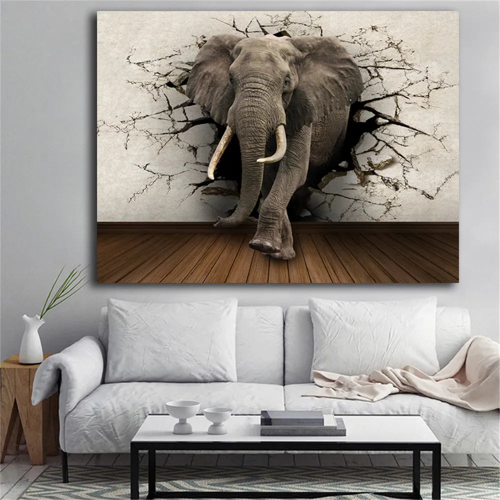 Grey elephant canvas painting, oil on canvas, frameless rectangular wall art in 30x40cm or 60x80cm