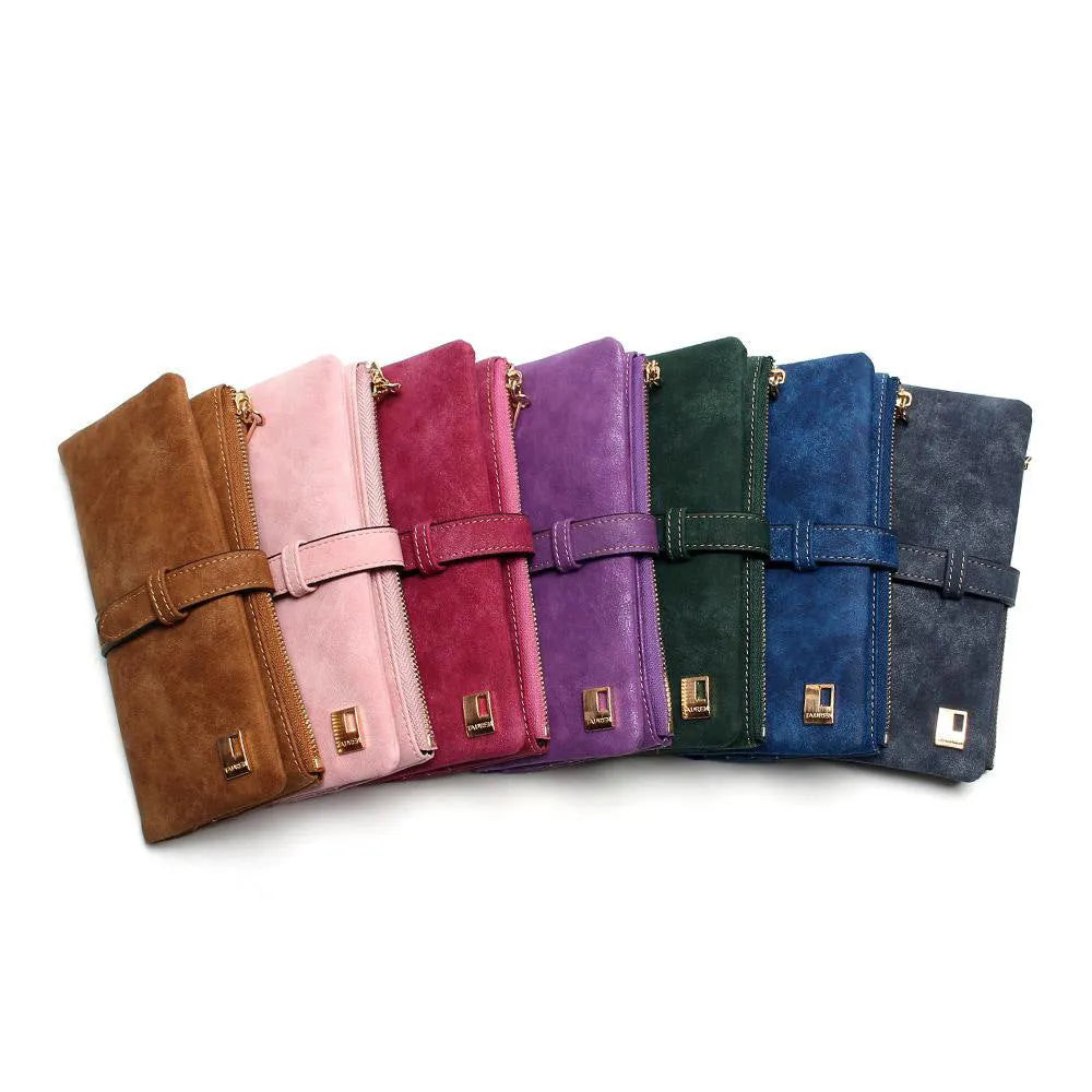 Korean-style retro matte leather long wallet in army green with zip closure and multiple interior card slots