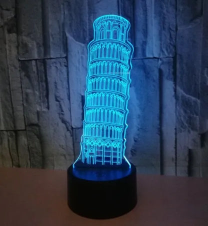 3D Leaning Tower of Pisa acrylic nightlight with colour-changing LEDs on a black base