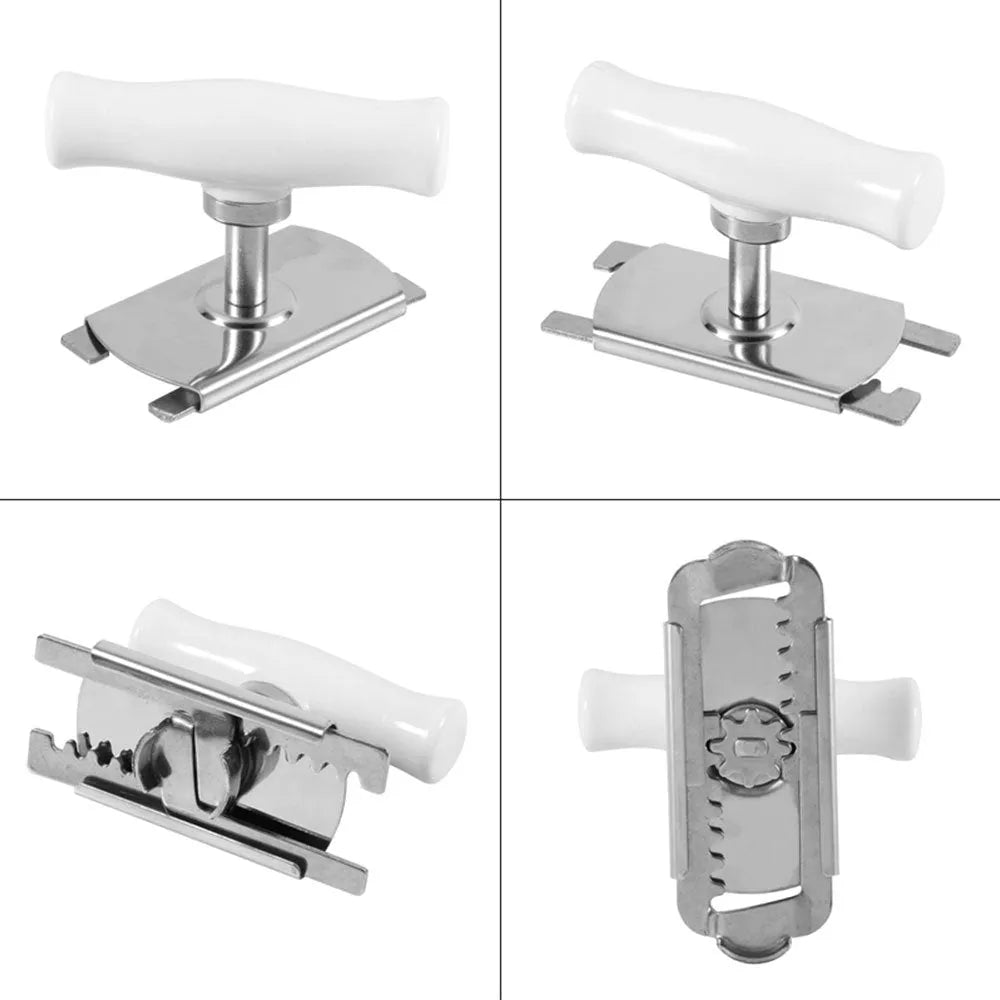 White stainless steel adjustable manual bottle opener with ABS handle on a plain background