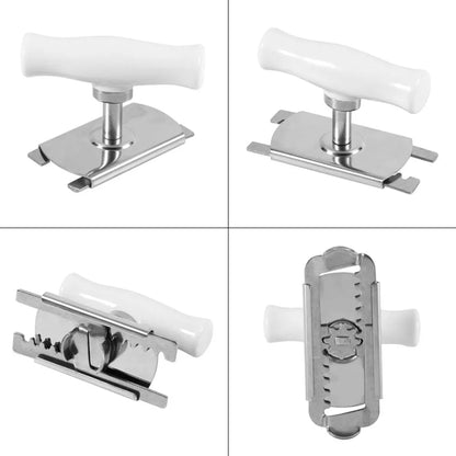 White stainless steel adjustable manual bottle opener with ABS handle on a plain background