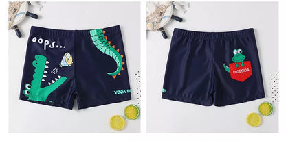 Cartoon boy swimsuit in shark, light blue, and navy blue designs, sizes M to XXL