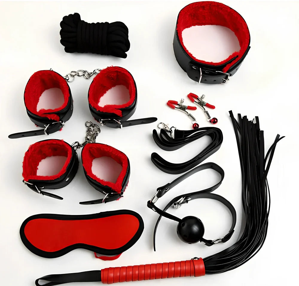 Red plush role-play set with handcuffs, shackles, collar, breast clip, whip, eye mask, mouthball, and cotton rope