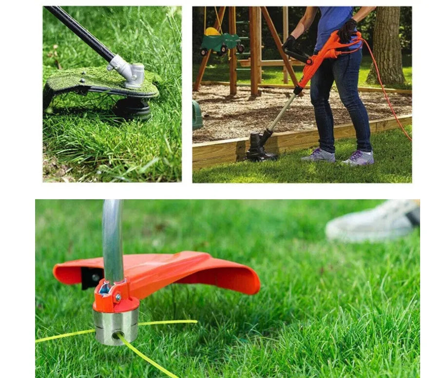 Aluminium silver lawn mower grass trimmer head accessory with four light yellow square ropes