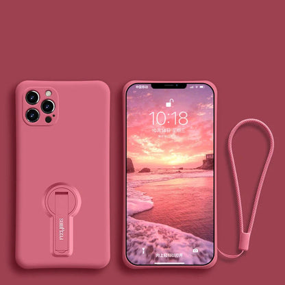 Liquid silicone anti-drop phone case for Apple iPhone 12 series with bracket and lanyard