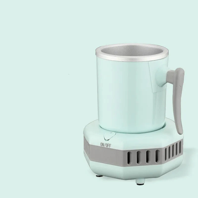 White quick refrigeration cup with aluminium drinking vessel on ABS base featuring one-button control