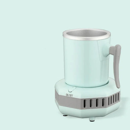 White quick refrigeration cup with aluminium drinking vessel on ABS base featuring one-button control