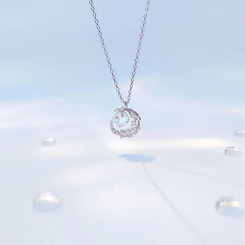 Ladies Moon Necklace with diamond-processed alloy pendant and adjustable chain
