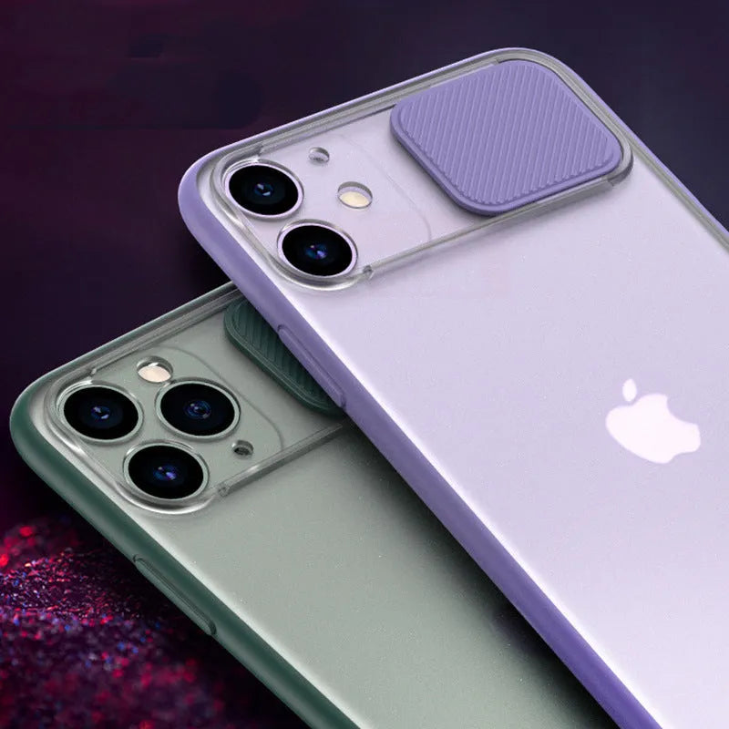 Slim silicone iPhone case with a frosted frame around the camera lens, shown in a choice of solid colours.