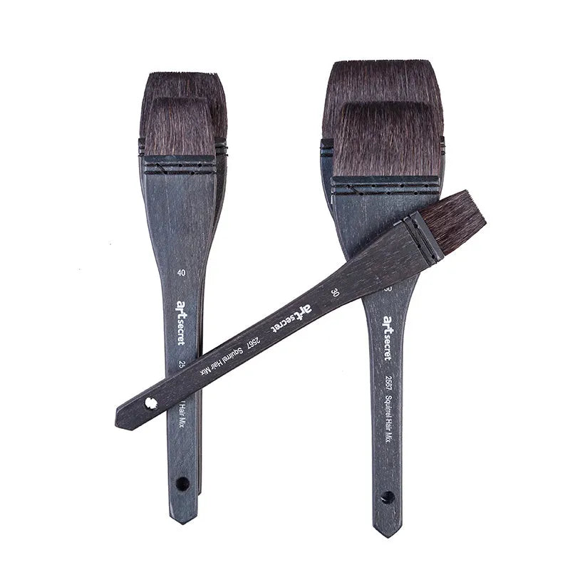Grey squirrel hair makeup brush with natural wood handle available in five professional sizes from 30 to 70 number for powder, blush, and bronzer application with soft animal hair bristles