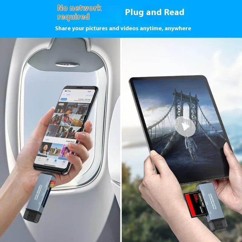 CF SD TF three-in-one USB card reader with aluminum alloy housing showing compact size
