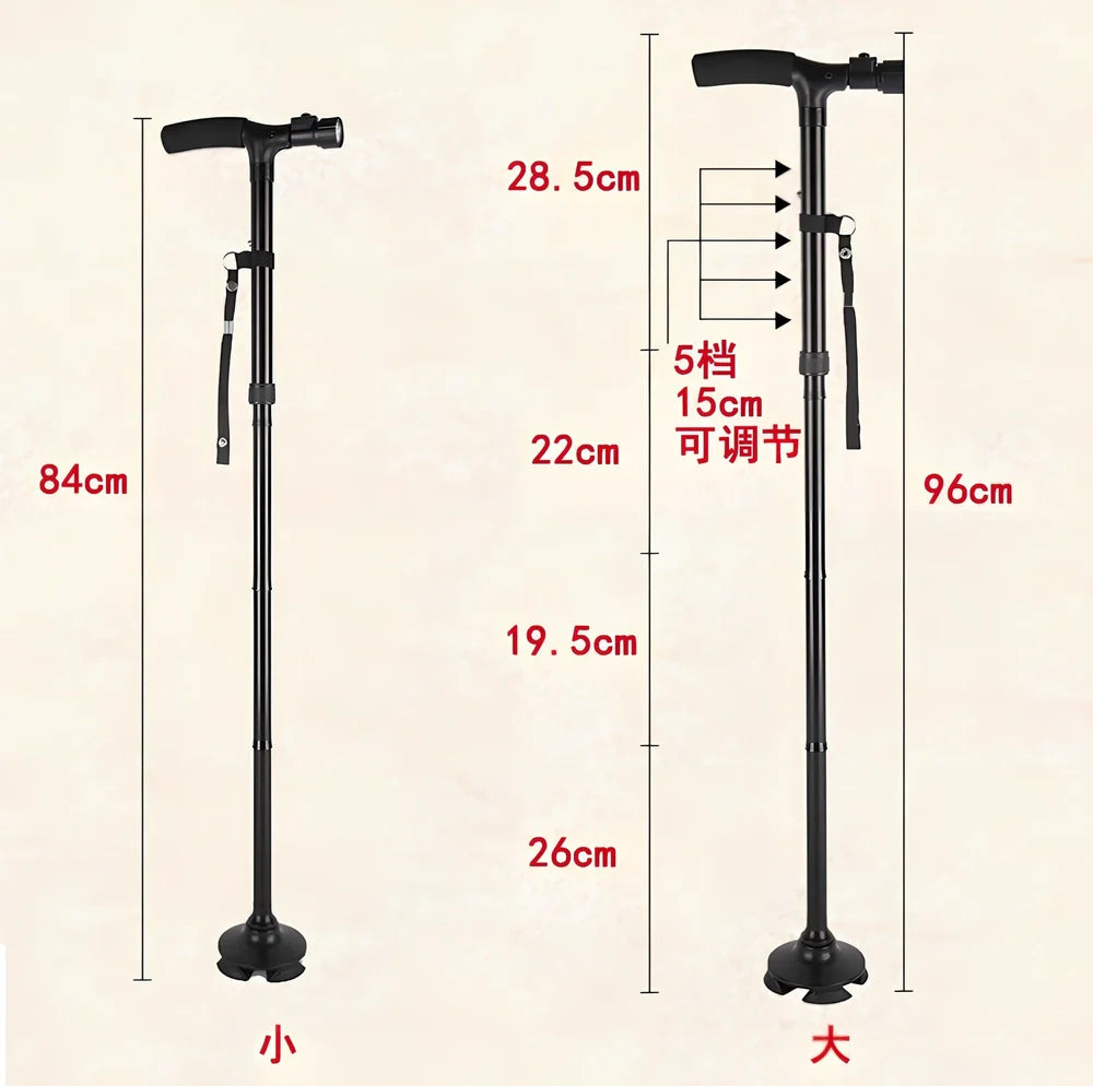 Black aluminium folding cane with LED lights and four rotatable contact points for stability