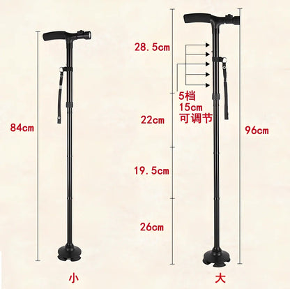 Black aluminium folding cane with LED lights and four rotatable contact points for stability