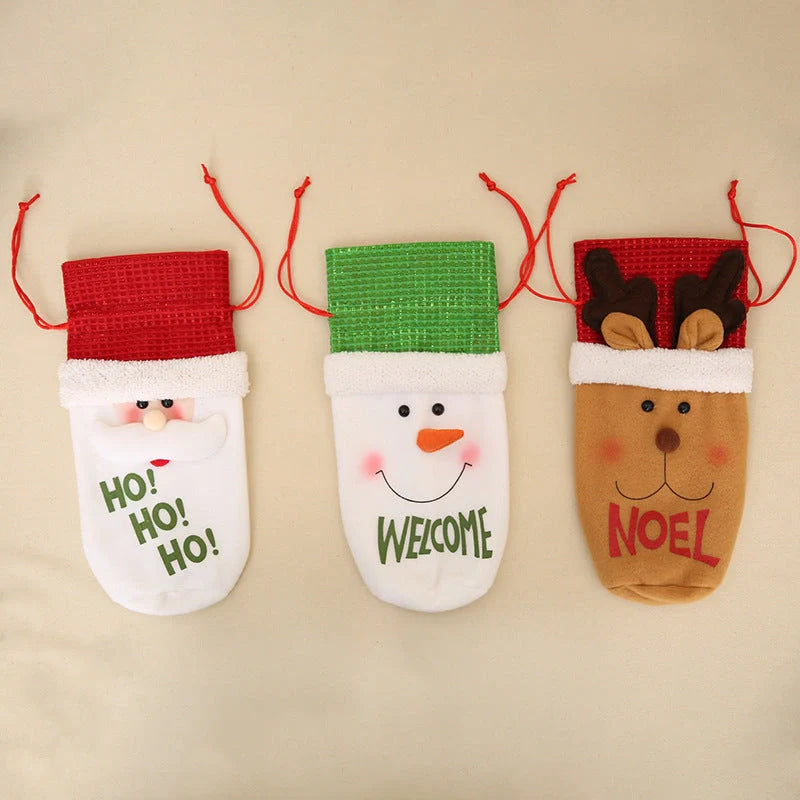 Festive Christmas wine bottle socks in vibrant colors, perfect for holiday decor