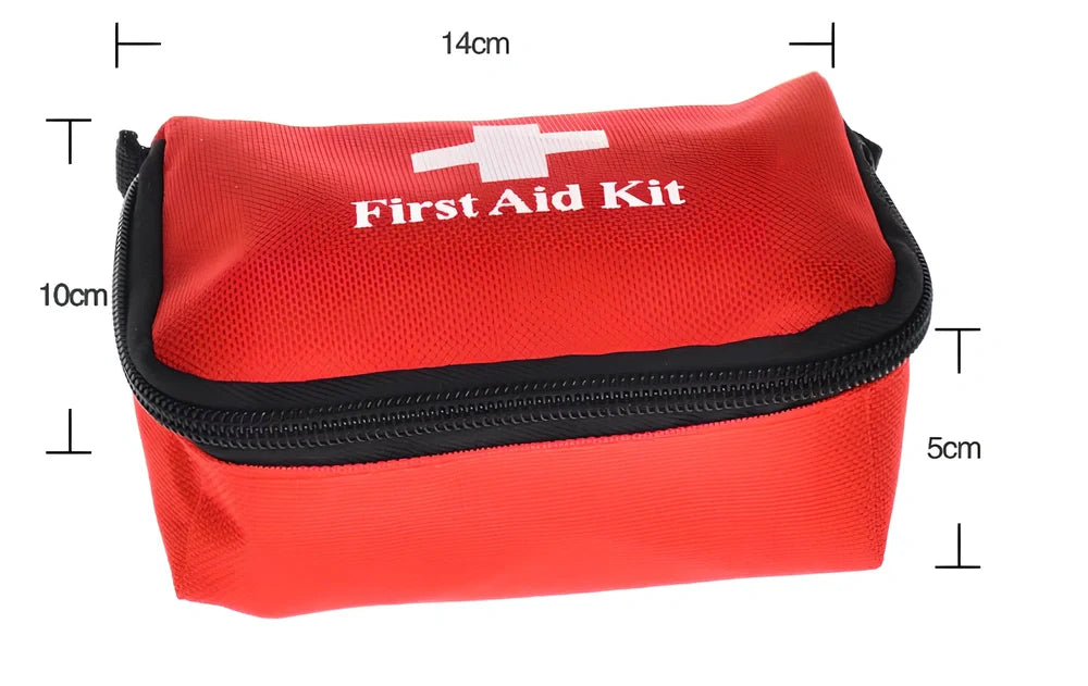 Red mini first aid kit showing 96cm triangular sling, 5cm elastic bandage, and 7.2cm trauma bandages