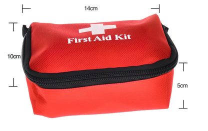 Red mini first aid kit showing 96cm triangular sling, 5cm elastic bandage, and 7.2cm trauma bandages