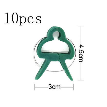 Green plastic plant fixing clips, large and small sizes, holding a tomato stem to a garden cane.