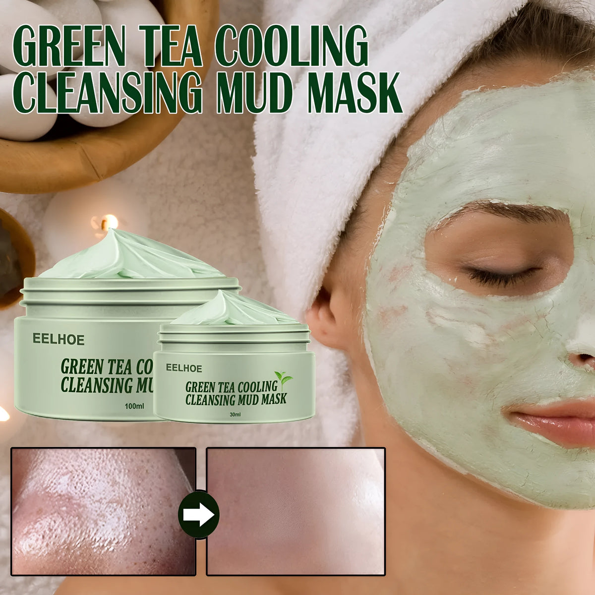 Green tea cleansing firming ice skin mask in 30ml and 100ml sizes with 24-month shelf life