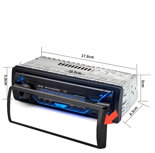 Car stereo MP3 player with Bluetooth, USB port, TF card slot, and digital display