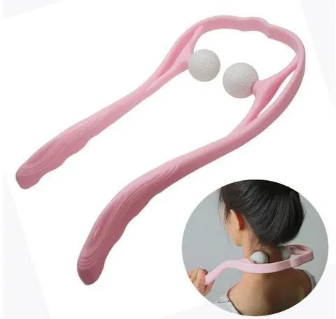Plastic swan-shaped neck massager in pink, blue, or green with adjustable width and 3D floating-point rollers
