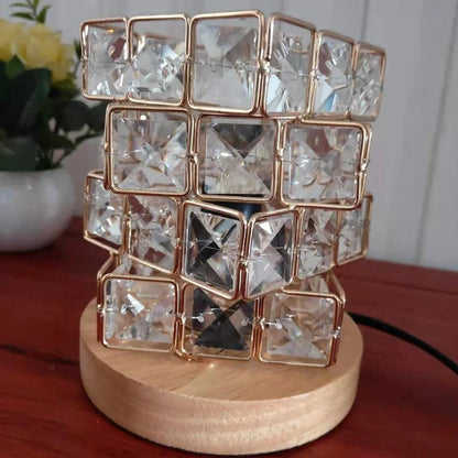 Himalayan salt lamp with wooden base and dimmable switch showing pink and orange salt rocks