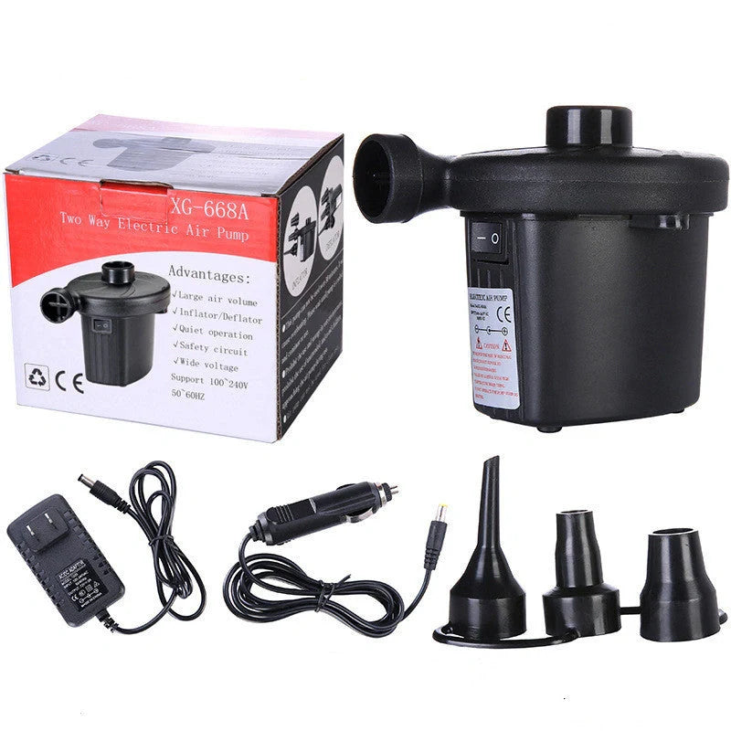 Dual-purpose electric air pump with household and car power options, designed for inflating tires, pool toys, and other items
