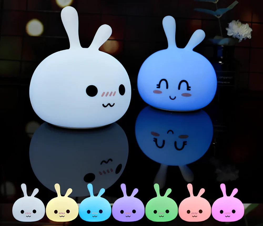Marshmallow Bunny LED night light with shy and happy face expressions, 126x126x147mm dimensions