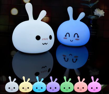 Marshmallow Bunny LED night light with shy and happy face expressions, 126x126x147mm dimensions