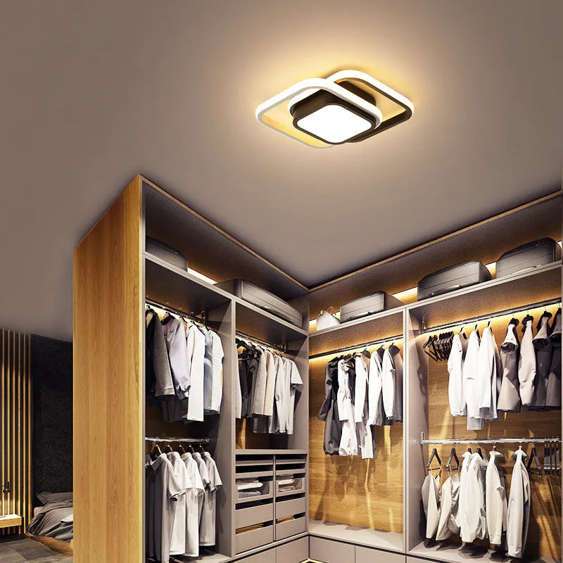 Modern Nordic aluminium ceiling light for corridor, entrance hall, and kitchen, available in round and square shade shapes with a choice of white, warm, or tricolour LED light, push-button switch, and a 5-10 square metre irradiation area.